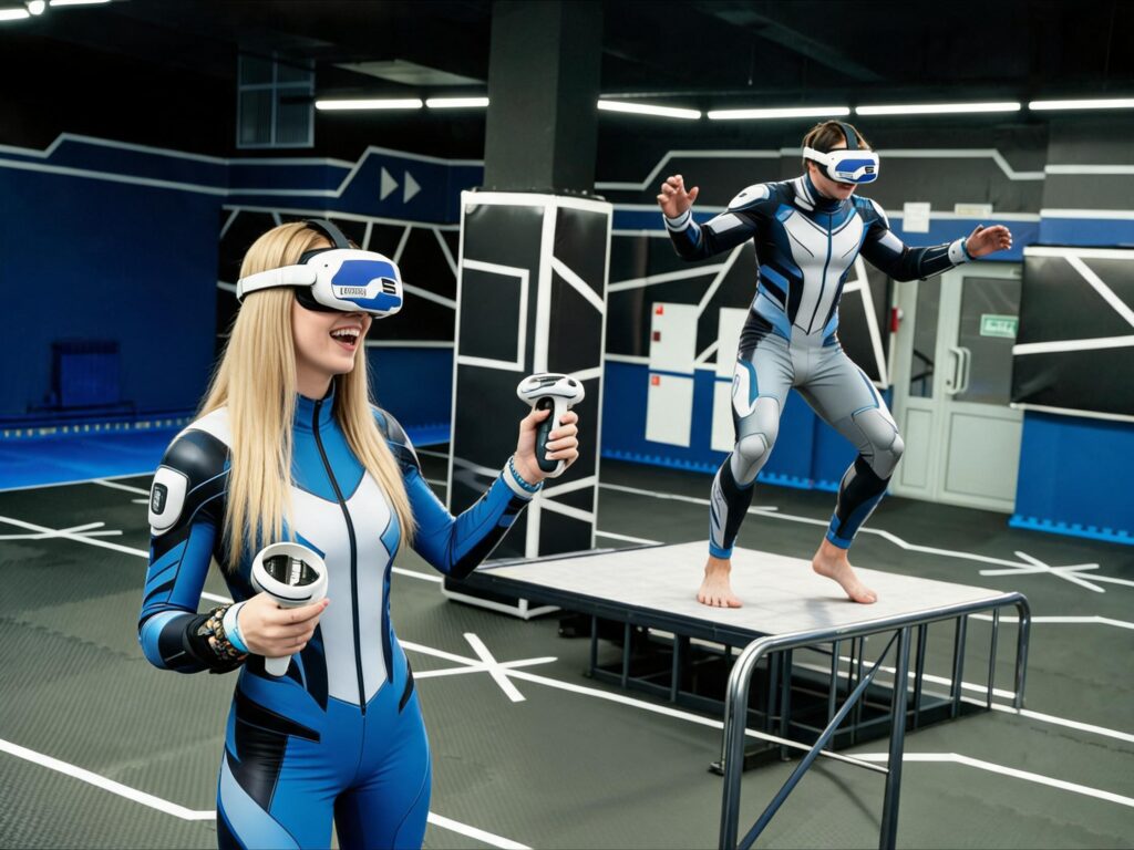Спортсмен тренируется прыгать в воду с виртуальной вышки в VR-очках