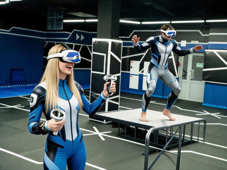 Спортсмен тренируется прыгать в воду с виртуальной вышки в VR-очках